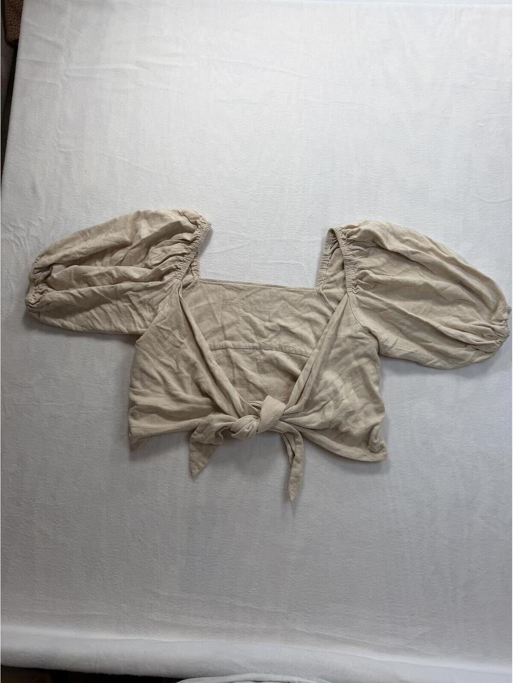 HEYSON Beige Puff Sleeve Tie-Front Crop Top Size S
